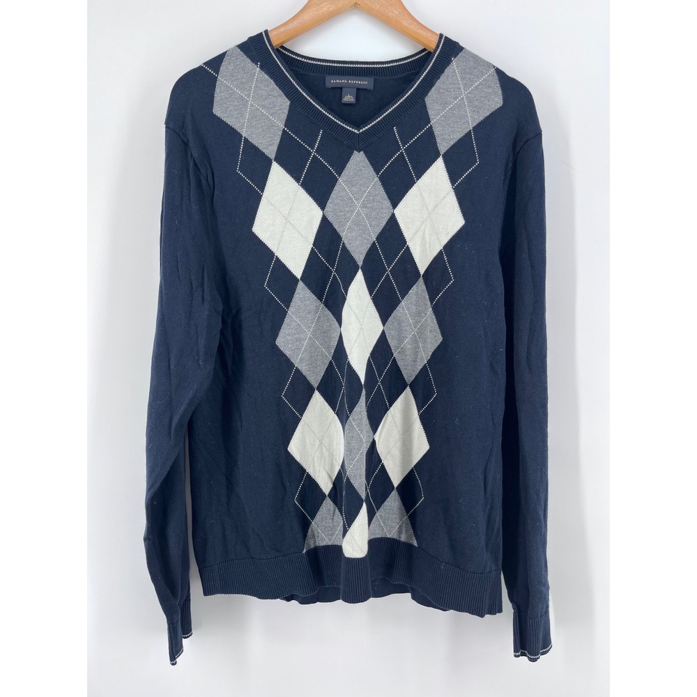 Banana Republic Mens Navy Blue Argyle V-Neck Sweater L Grey White Knit Grandpa